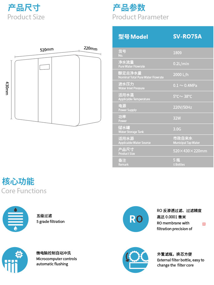 森薇反渗透清水器 SV-RO75A(1809)产品参数